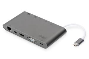 Dock USB Type-C - HDMI / Mini DP / VGA /  USB-C / 3x USB3.0 / RJ45 / 2x card reader - 60W power delivery -  7.5x13.5x1.7cm