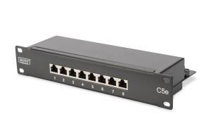 CAT 5e, Class D patch panel, shielded 8-port RJ45, 8P8C, LSA, 1U, 254mm (10") rack mount color black RAL 9005