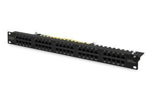 DIGITUS CAT 3 ISDN Patch Panel, unshielded 50-port RJ45, 8P4C, LSA, 1U, rack mount, black RAL 9005 / 482x44x109 mm